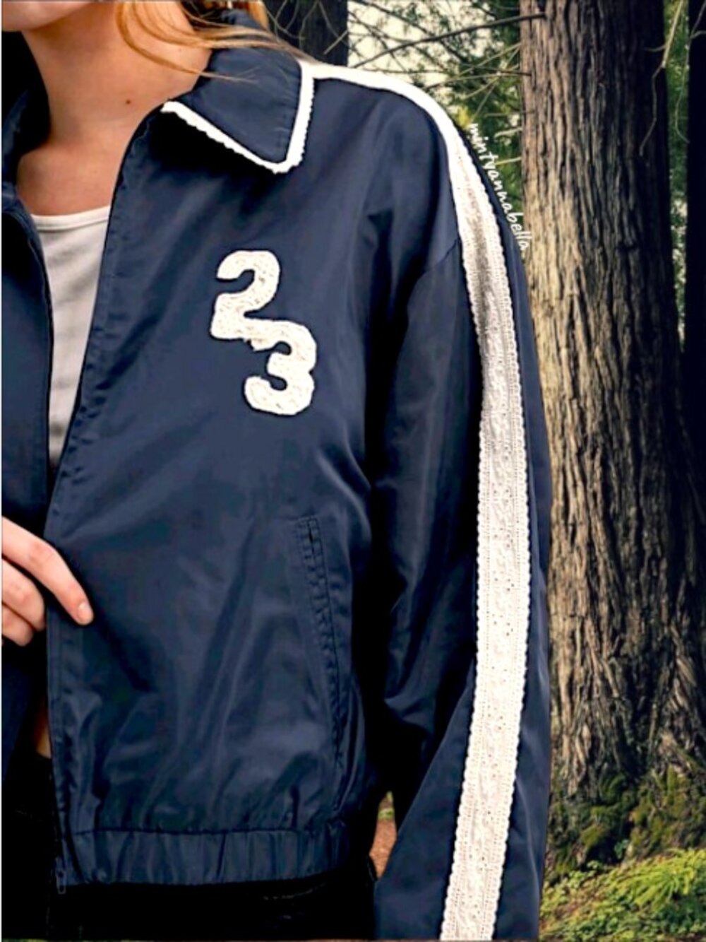 Dirty Laundry Navy Lace Trim Zip Up Track Jacket